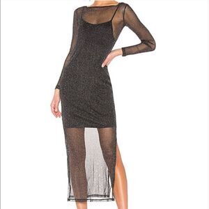 MINKPINK In the Night Black Sheer Sparkle Mesh Midi Dress Over Slip Dress XS NWT